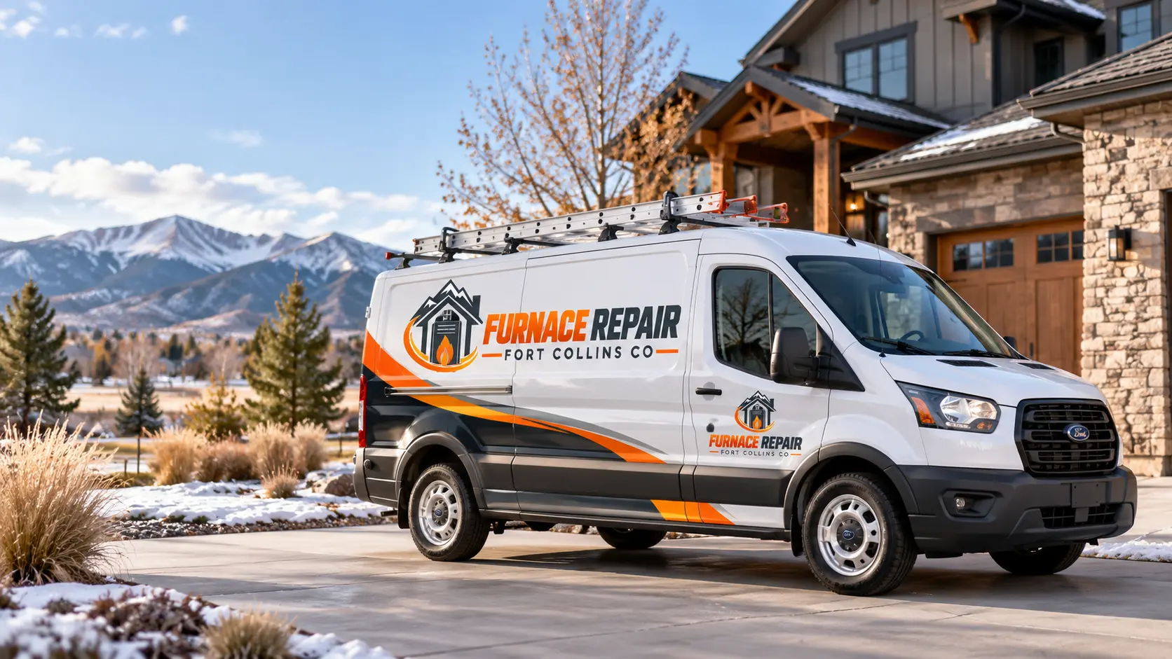 Branded Furnace Repair Fort Collins CO service van parked at a Colorado home in winter